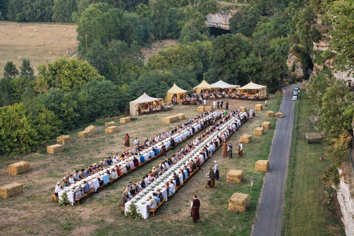 Repas médiéval convivial à La Roque Saint-Christophe : vivez une soirée gourmande en Dordogne